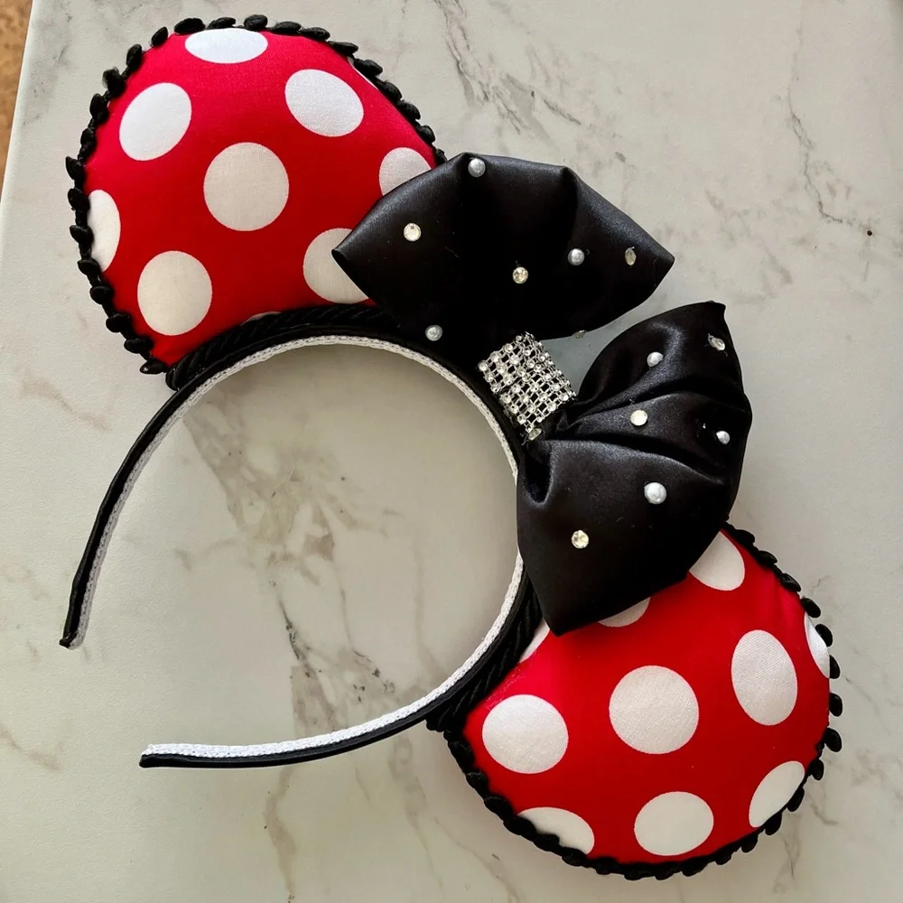Red Polka Dot Mouse Ears Headband with Black Bow - Picture 1 of 3
